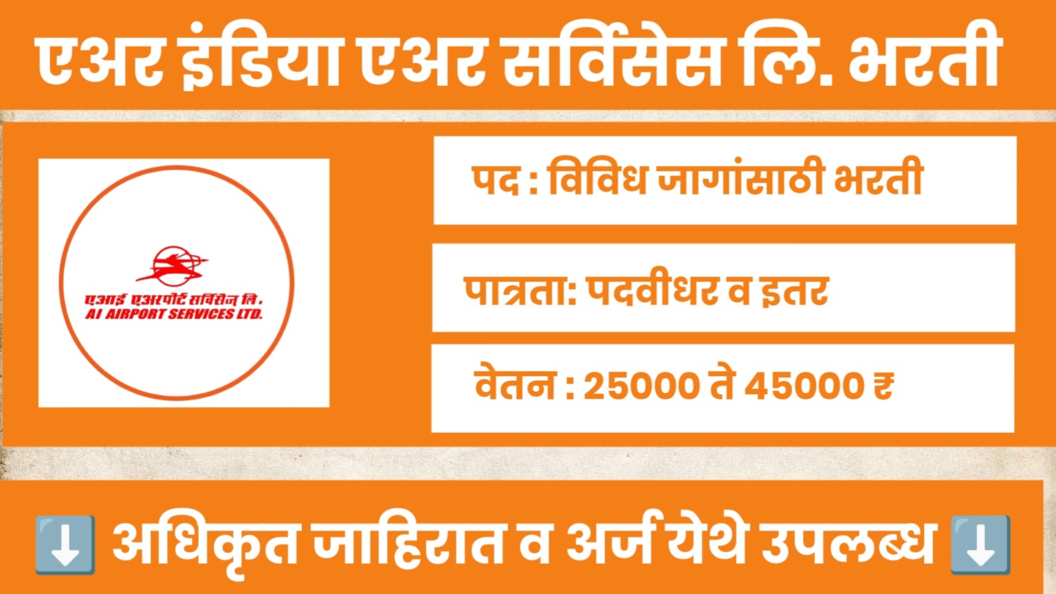 AIASL Bharti 2024 :एअर इंडिया एअर सर्विसेस लि. पुणे येथे विविध जागांसाठी भरती